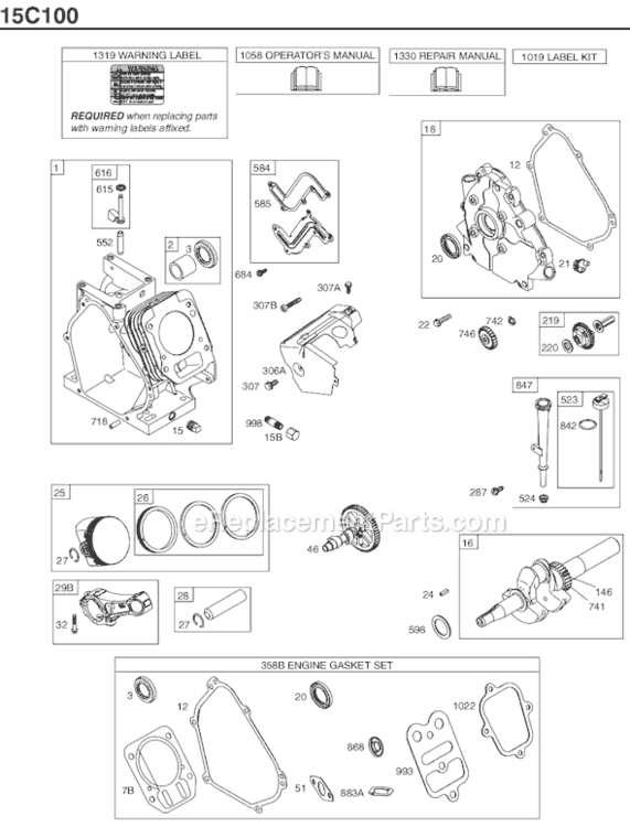 Page A Diagram and Parts List for 15C100 0111-0939 Briggs and Stratton Engine